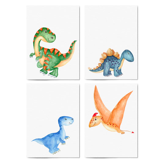 Set of 4 Cute Dinosaur Nursery Paintings Wall Art - The Affordable Art Company