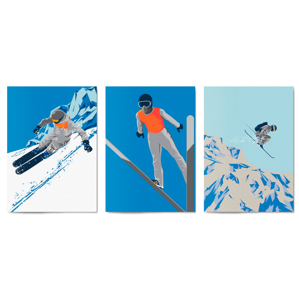 Set of Retro Skiing Snow Cabin Winter Ski Wall Art - The Affordable Art Company