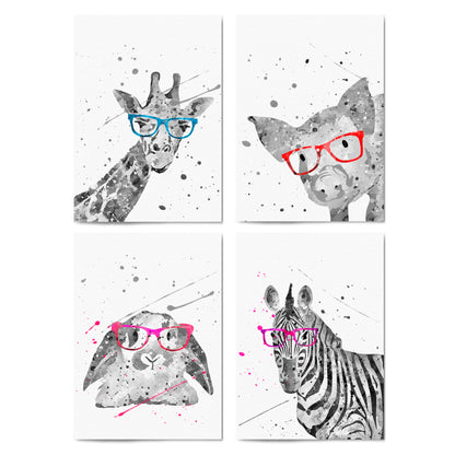 Set of 4 Cute Baby Nursery Clever Animal Paintings Wall Art - The Affordable Art Company