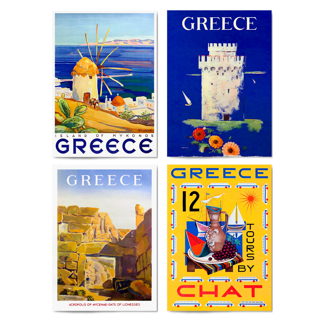 Set of 4 Vintage Greek Travel Advertisements Wall Art - The Affordable Art Company