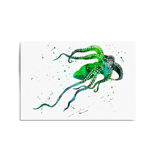 Green Cute Squid Painting Sealife Wall Art - The Affordable Art Company