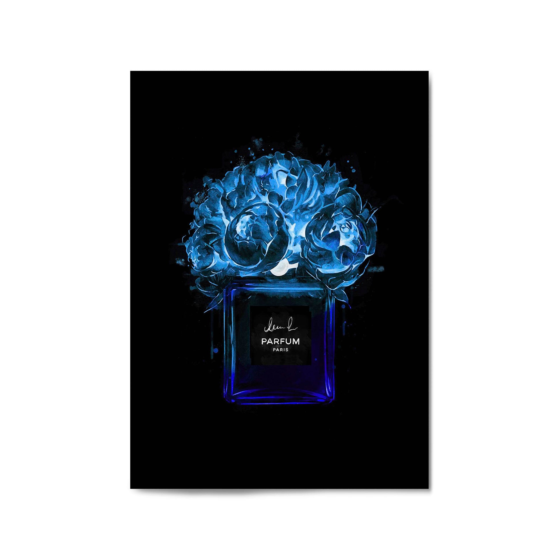 Neon Blue Floral Perfume Bottle Fashion Wall Art - The Affordable Art Company