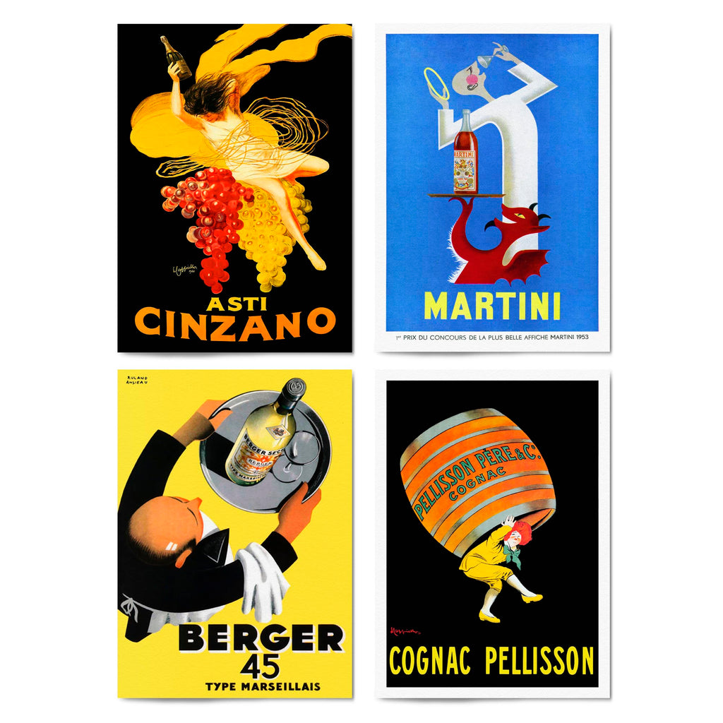 Set of 4 Vintage European Wine Advertisements Wall Art - The Affordable Art Company