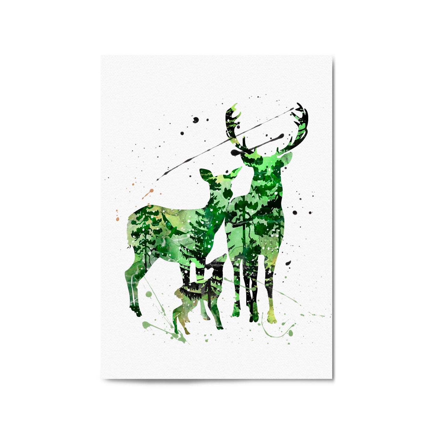 Deer Family Painting Nursery Green Animal Wall Art - The Affordable Art Company