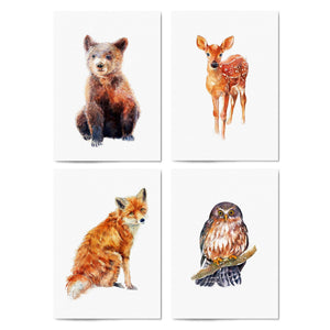 Set of 4 Watercolour Woodland Animal Painting Wall Art - The Affordable Art Company