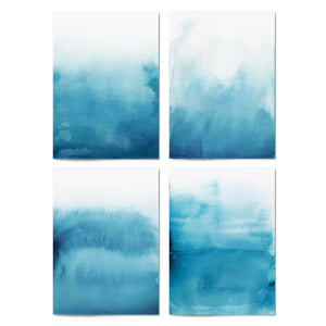 Set of 4 Abstract Blue Ink Wash Minimal Wall Art - The Affordable Art Company