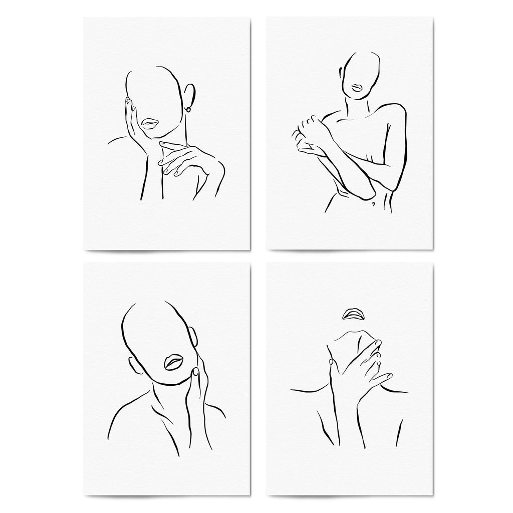 Set of 4 Nude Female Body Shape Line Bedroom Minimal Wall Art - The Affordable Art Company