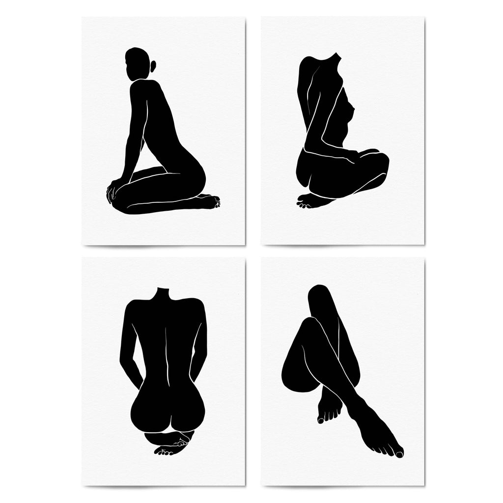 Set of 4 Nude Female Shape Silhouette Bedroom Minimal Wall Art - The Affordable Art Company