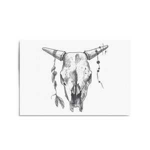 Cow Skull Drawing Minimal Boho Vintage Wall Art #1 - The Affordable Art Company