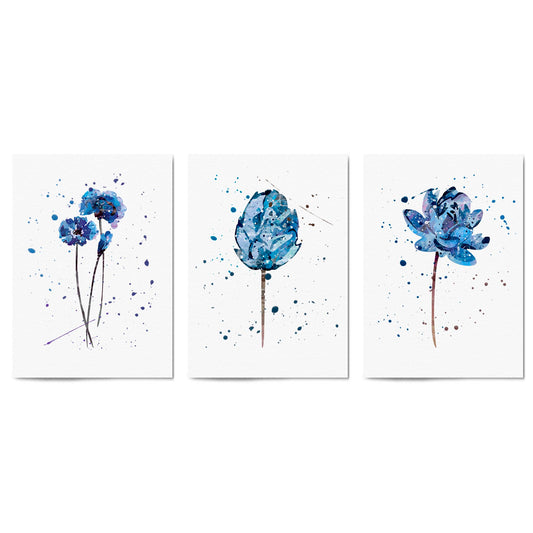 Set of Blue Scandi Flower Abstract Kitchen Wall Art - The Affordable Art Company