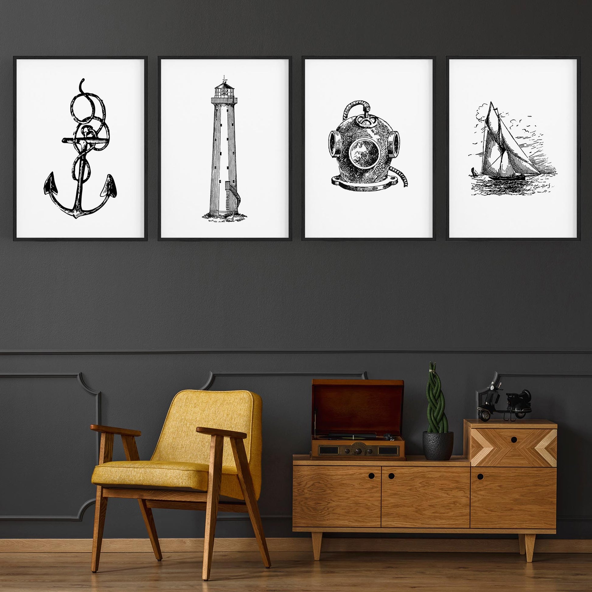 Set of 4 Nautical Drawings Coastal Style Wall Art - The Affordable Art Company