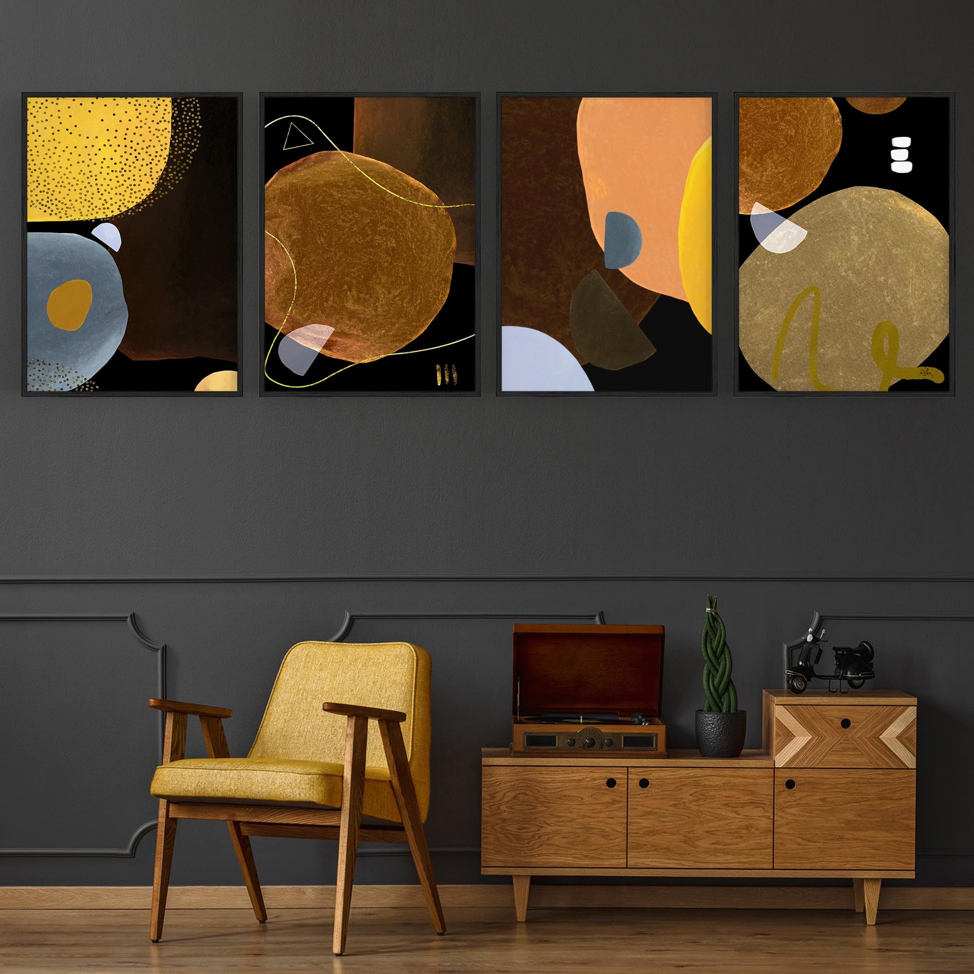 Set of 4 Abstract Yellow, Orange and Black Shape Painting Wall Art - The Affordable Art Company