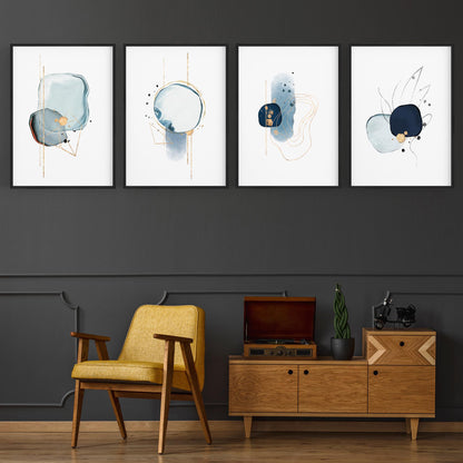 Set of 4 Abstract Blue Minimal Line and Shape Wall Art - The Affordable Art Company