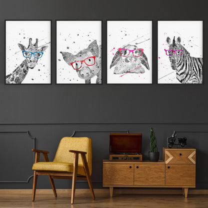 Set of 4 Cute Baby Nursery Clever Animal Paintings Wall Art - The Affordable Art Company