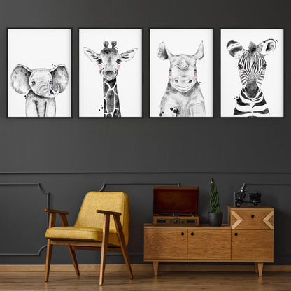 Set of 4 Cute Baby Nursery Safari Animal Drawings Wall Art - The Affordable Art Company