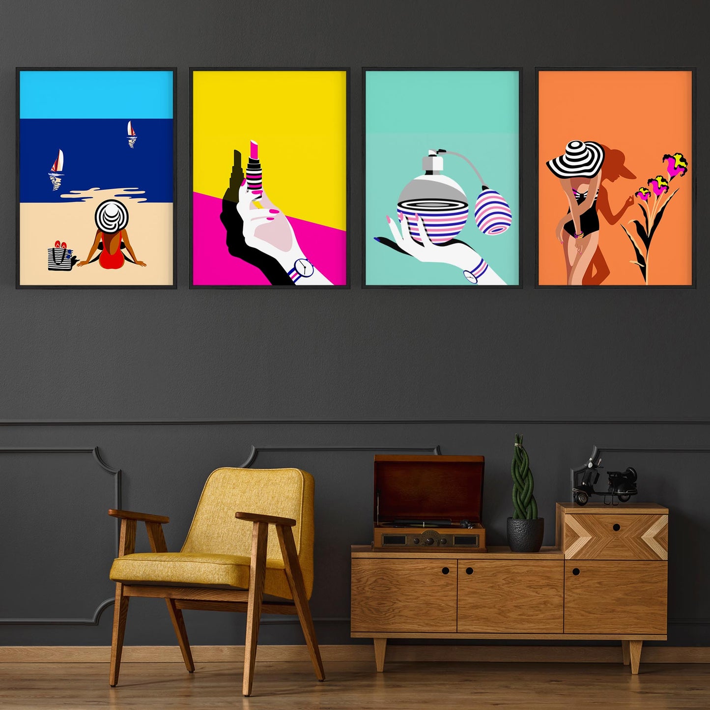 Set of 4 Retro Style Fashion Inspired Colourful Designs Wall Art - The Affordable Art Company