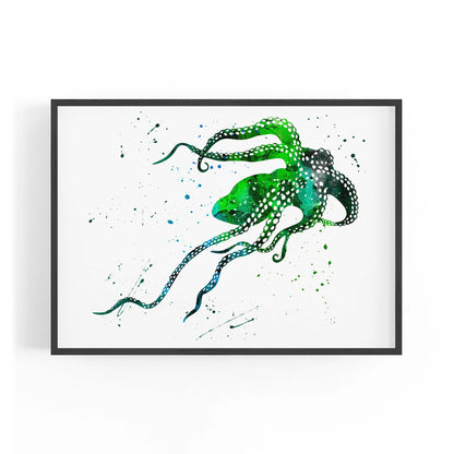 Green Cute Squid Painting Sealife Wall Art - The Affordable Art Company