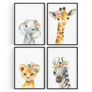 Set of 4 Baby Safari Animal Cute Nursery Paintings Wall Art - The Affordable Art Company