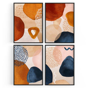 Set of 4 Abstract Painting Blue and Neutral Shapes Wall Art - The Affordable Art Company