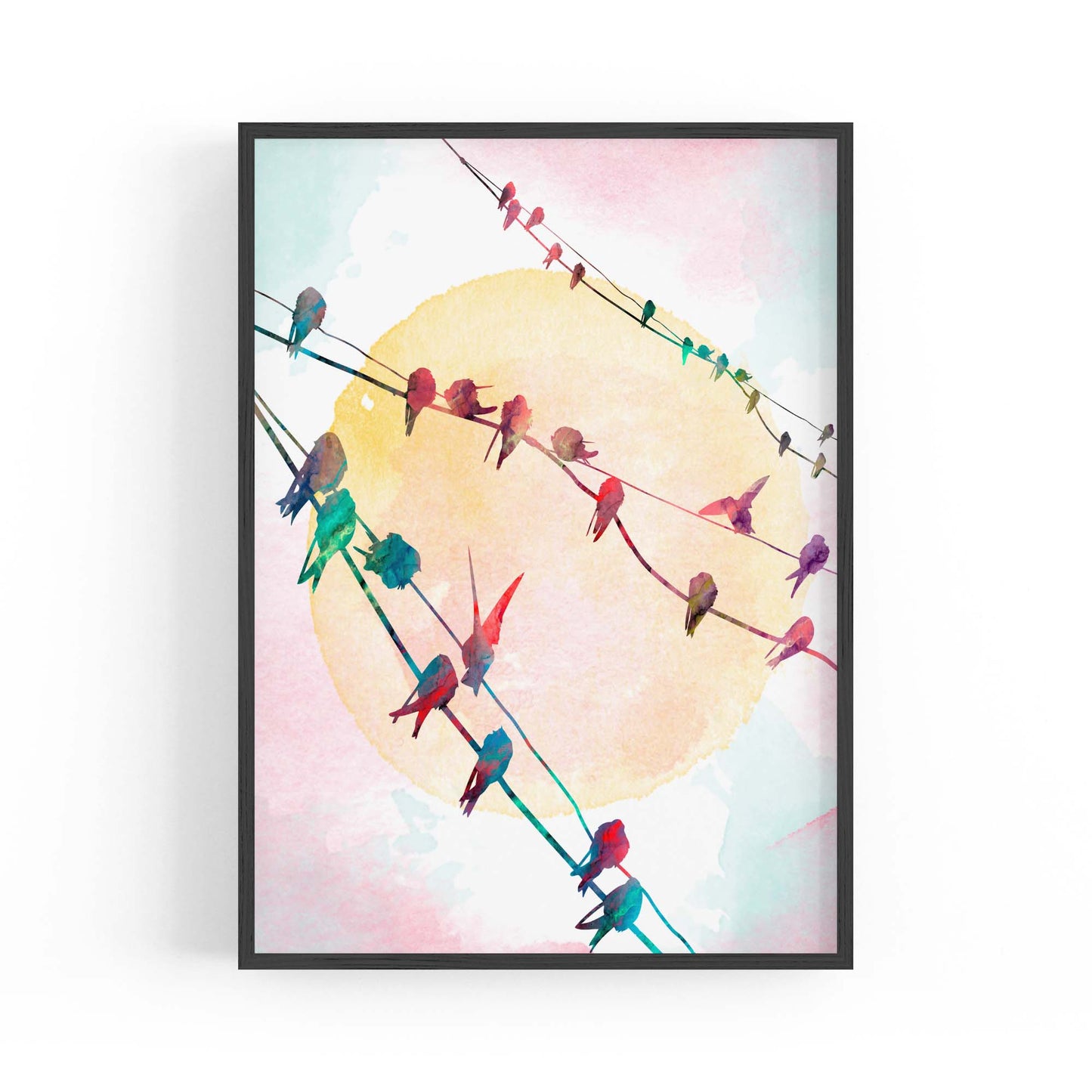 Birds On The Line Watercolour Scene Wall Art - The Affordable Art Company