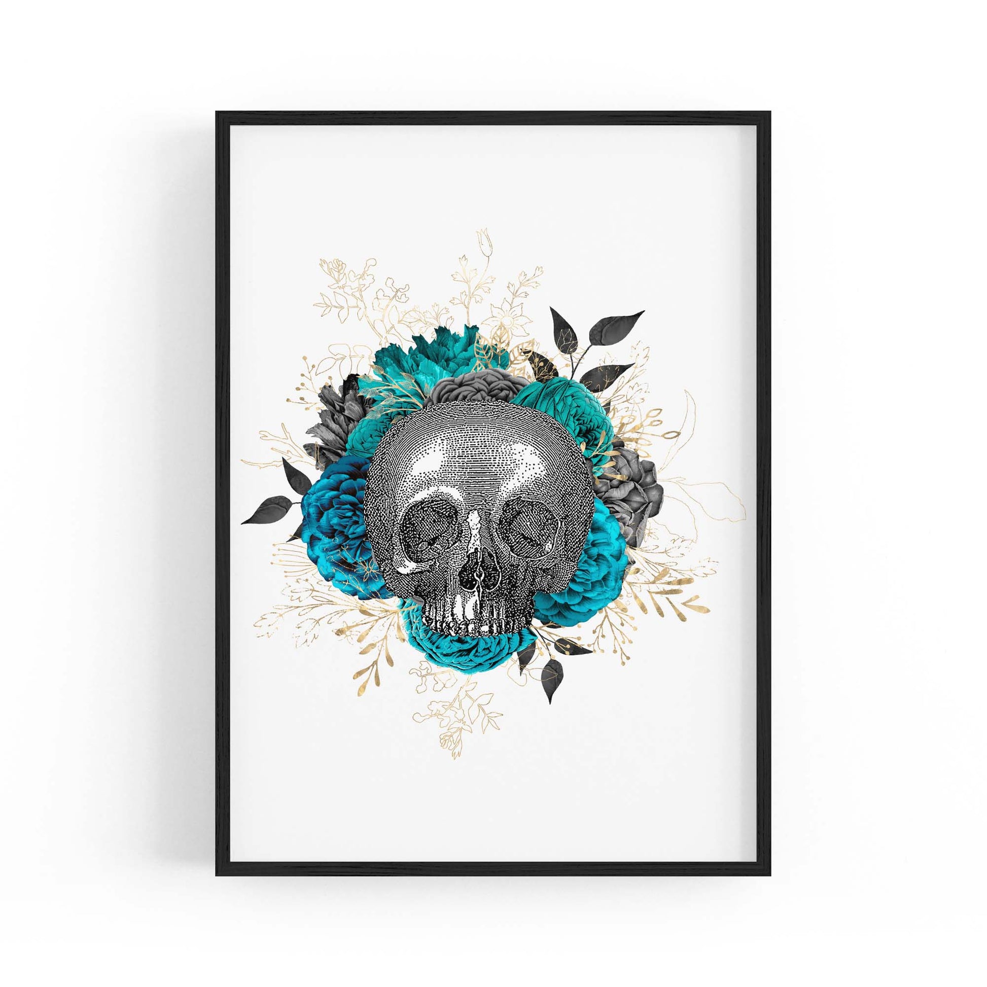 Teal Floral Skull Gothic Bedroom Wall Art - The Affordable Art Company
