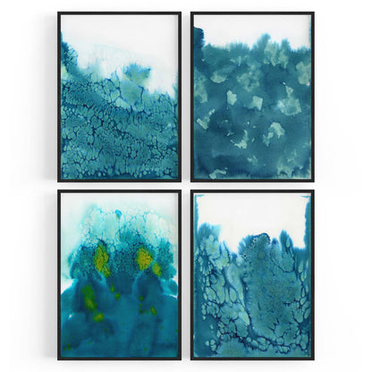 Set of 4 Abstract Blue Ink Wash Minimal Wall Art - The Affordable Art Company