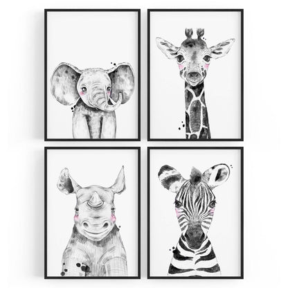 Set of 4 Cute Baby Nursery Safari Animal Drawings Wall Art - The Affordable Art Company