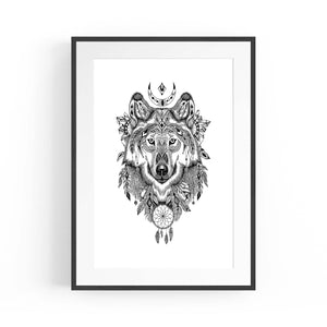 Aztec Wolf Drawing Boho Spirit Animal Wall Art - The Affordable Art Company