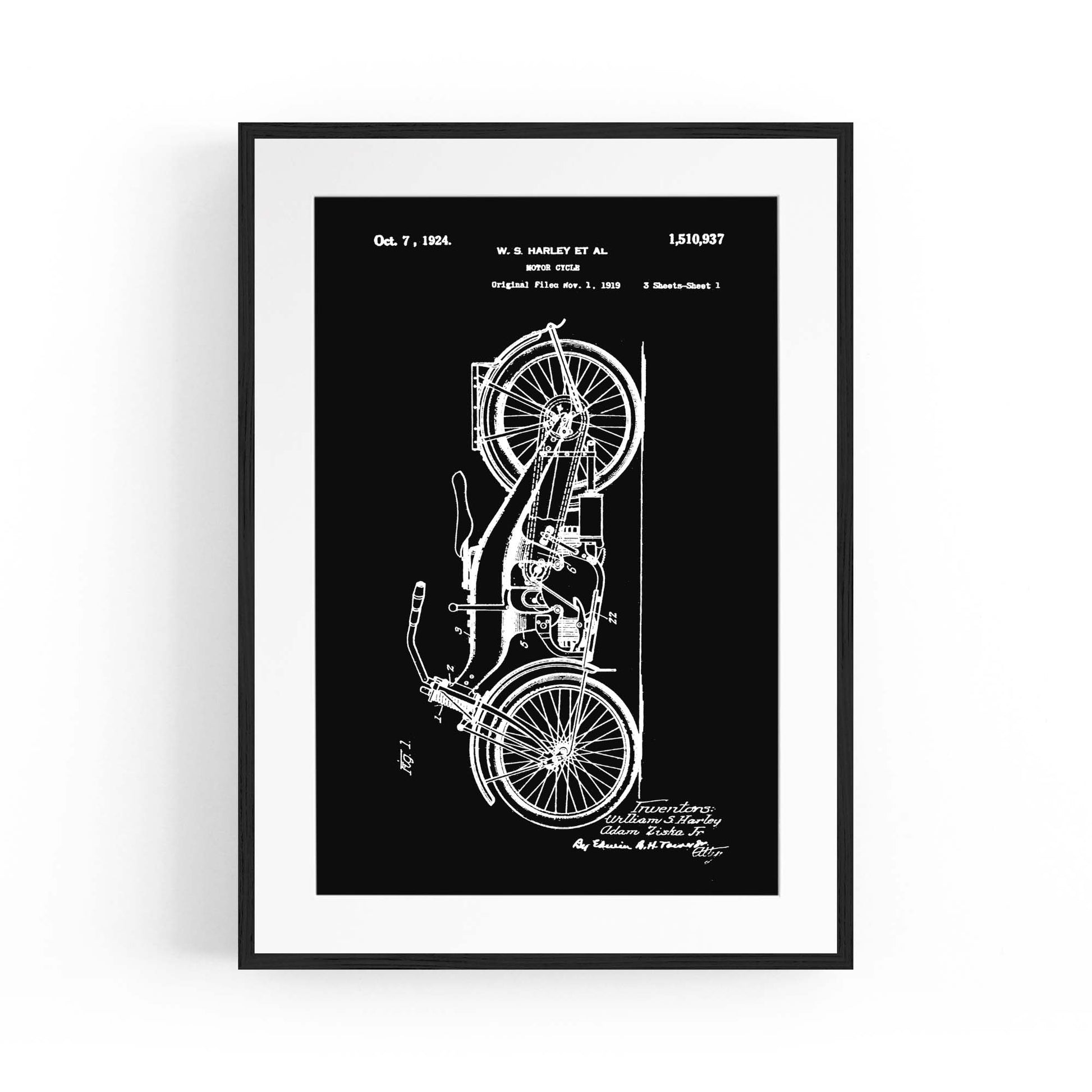 Vintage Harley Motorcycle Patent Black Wall Art #1 - The Affordable Art Company