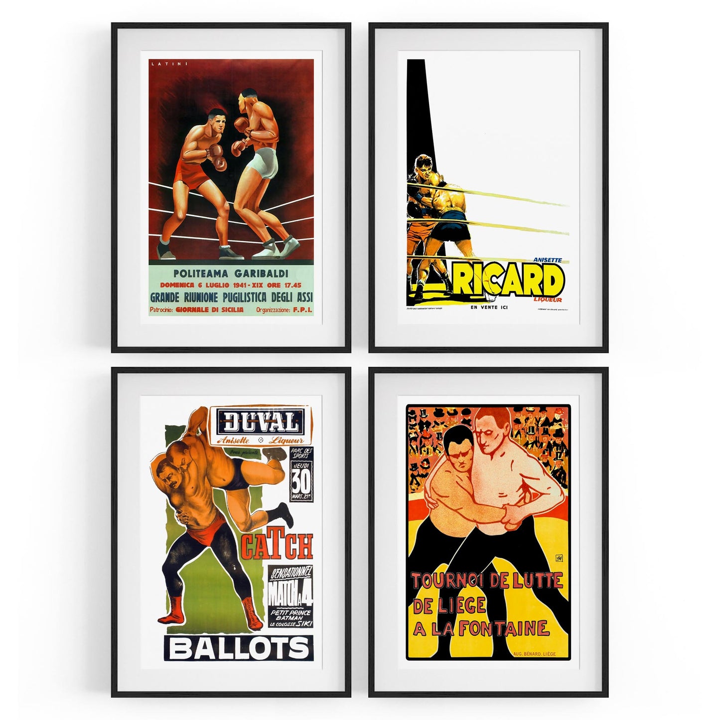 Set of 4 Vintage Boxing and Wrestling Sport Advertisements Wall Art - The Affordable Art Company