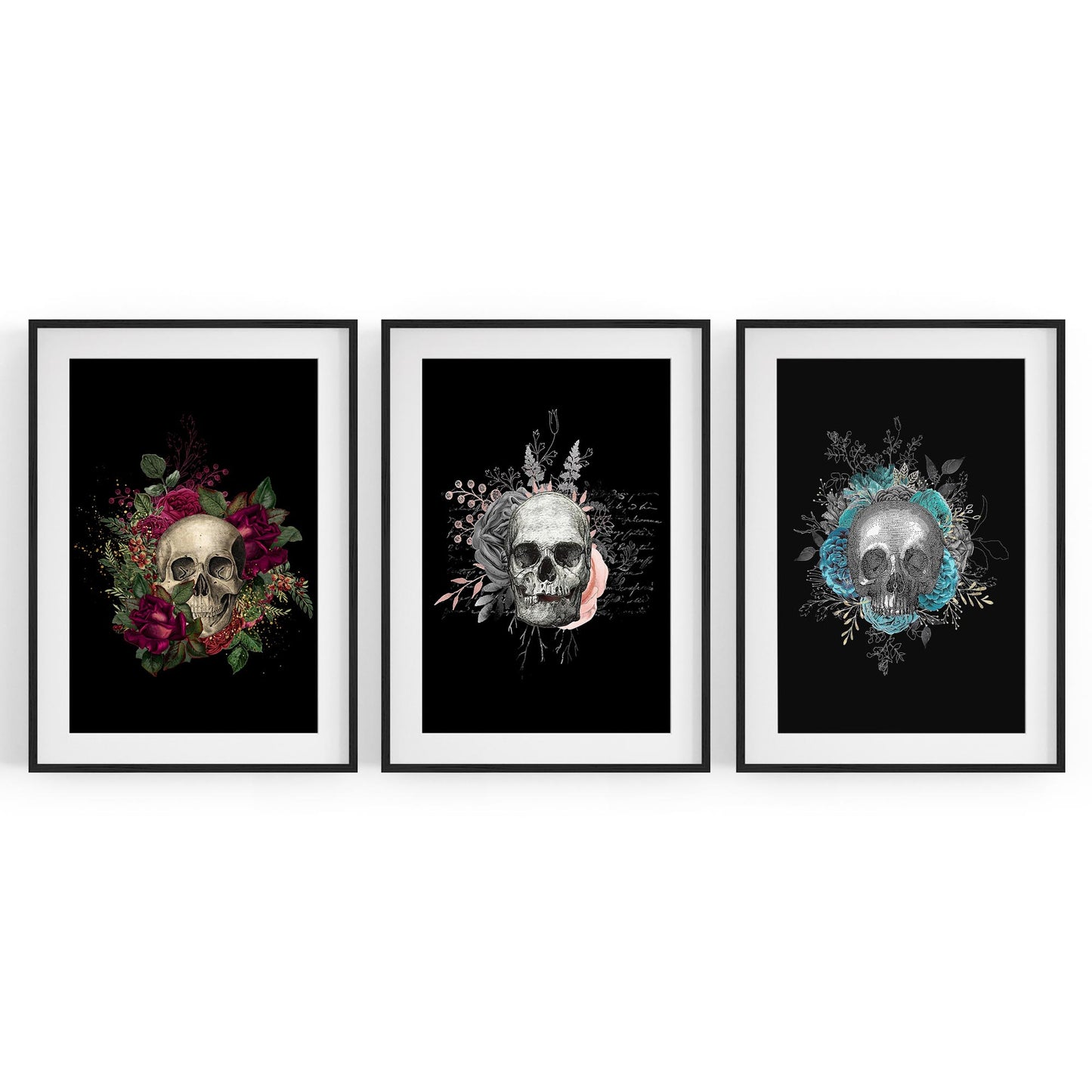 Set of Dark Floral Skull Fashion & Flowers Wall Art - The Affordable Art Company