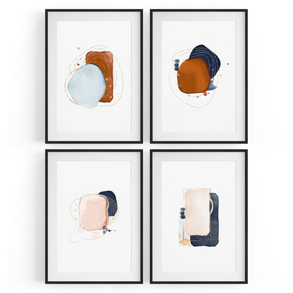 Set of 4 Abstract Blue, Orange and Peach Minimal Wall Art - The Affordable Art Company