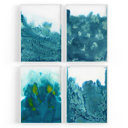 Set of 4 Abstract Blue Ink Wash Minimal Wall Art - The Affordable Art Company