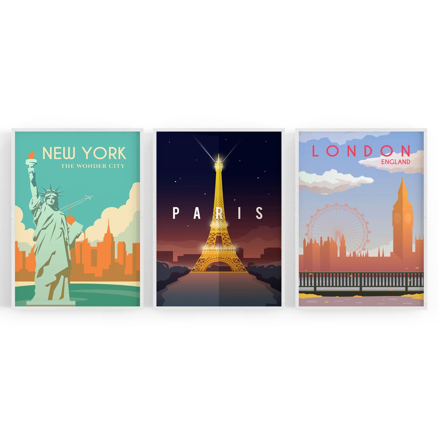 Set of Retro Travel Wall Art (Paris, New York, London) - The Affordable Art Company