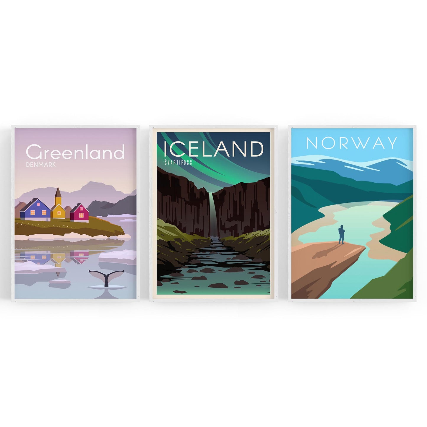 Set of Retro Travel Wall Art (Norway, Iceland, Greenland) - The Affordable Art Company