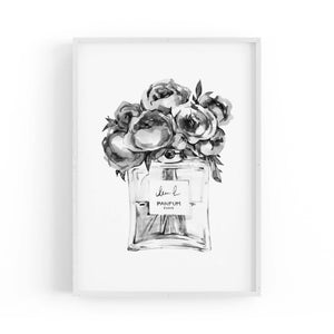 Black and White Floral Perfume Bottle Fashion Wall Art - The Affordable Art Company