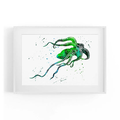 Green Cute Squid Painting Sealife Wall Art - The Affordable Art Company