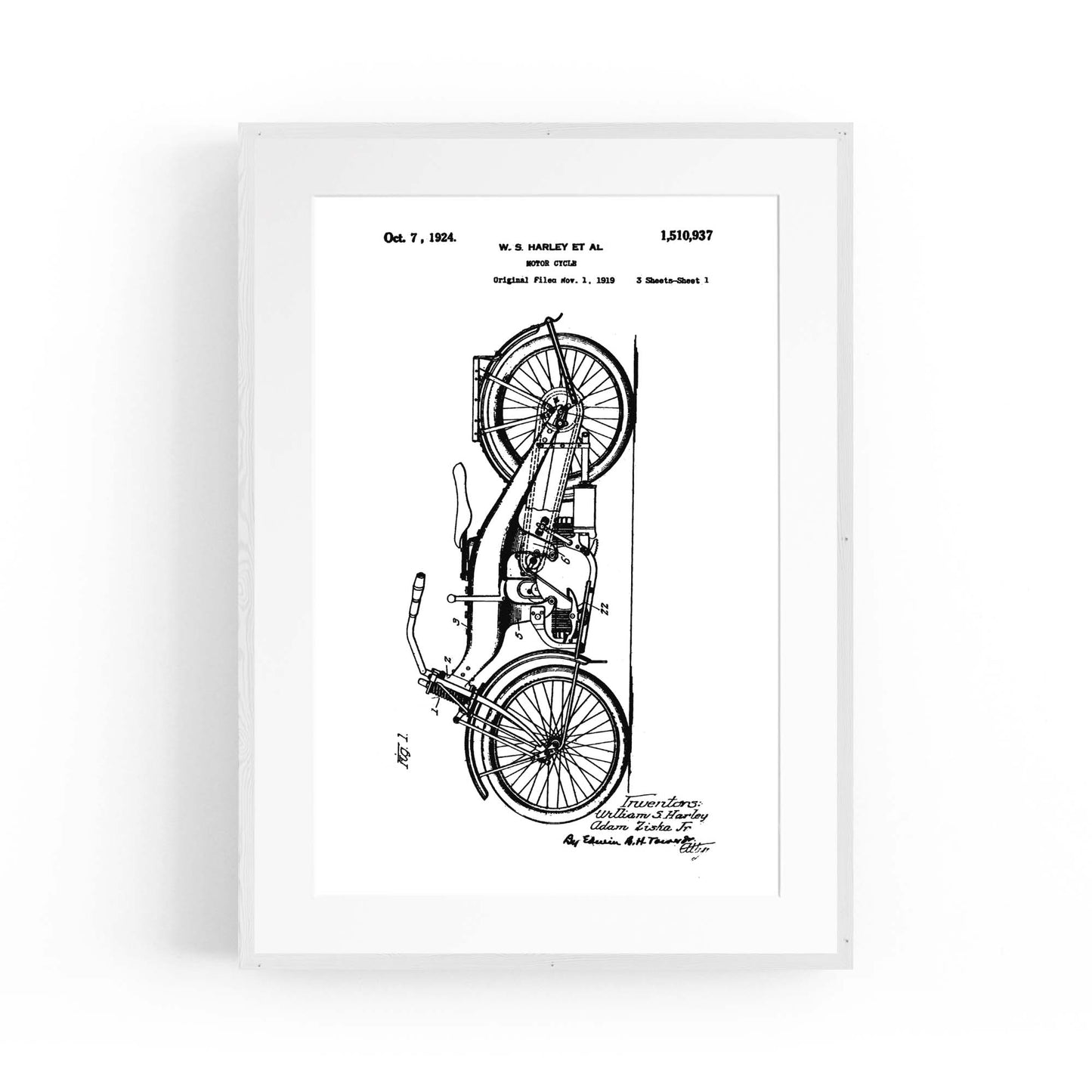 Vintage Harley Motorcycle Patent White Wall Art #2 - The Affordable Art Company