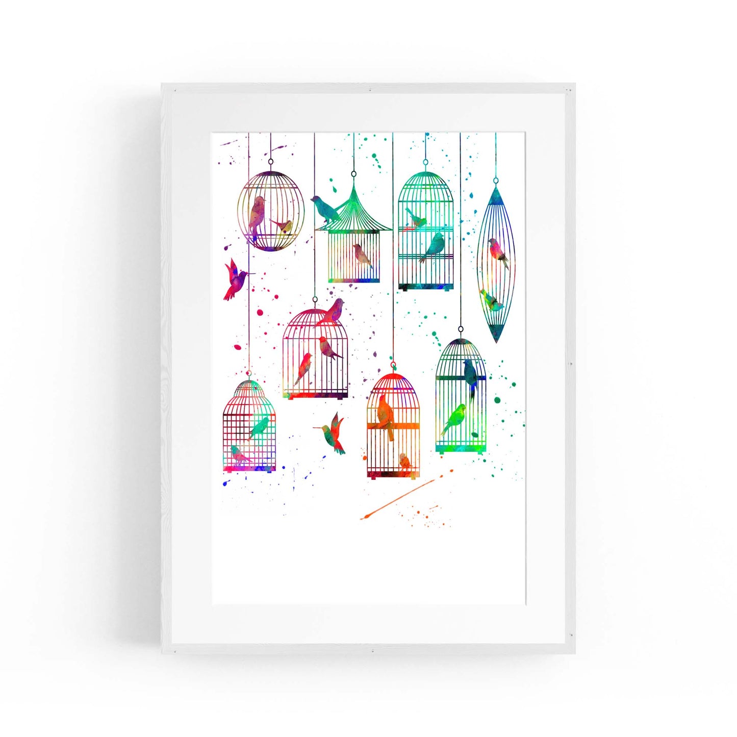 Watercolour Birds in Cages Cute Animal Wall Art - The Affordable Art Company