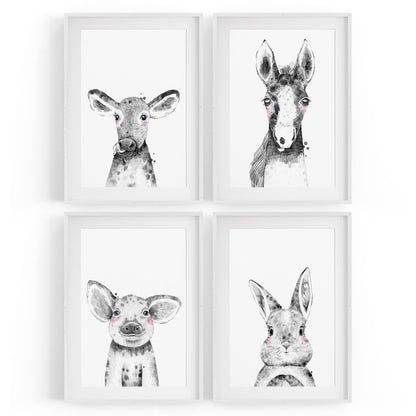Set of 4 Cute Baby Nursery Country Farm Animal Drawings Wall Art - The Affordable Art Company
