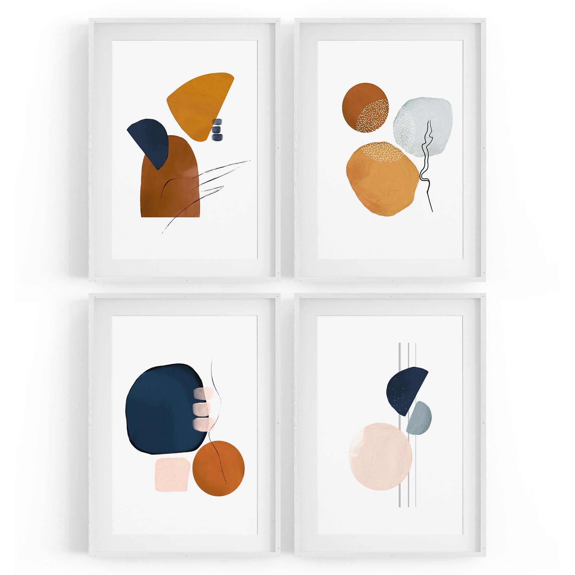 Set of 4 Abstract Shape Blue, Orange and Peach Line Wall Art - The Affordable Art Company