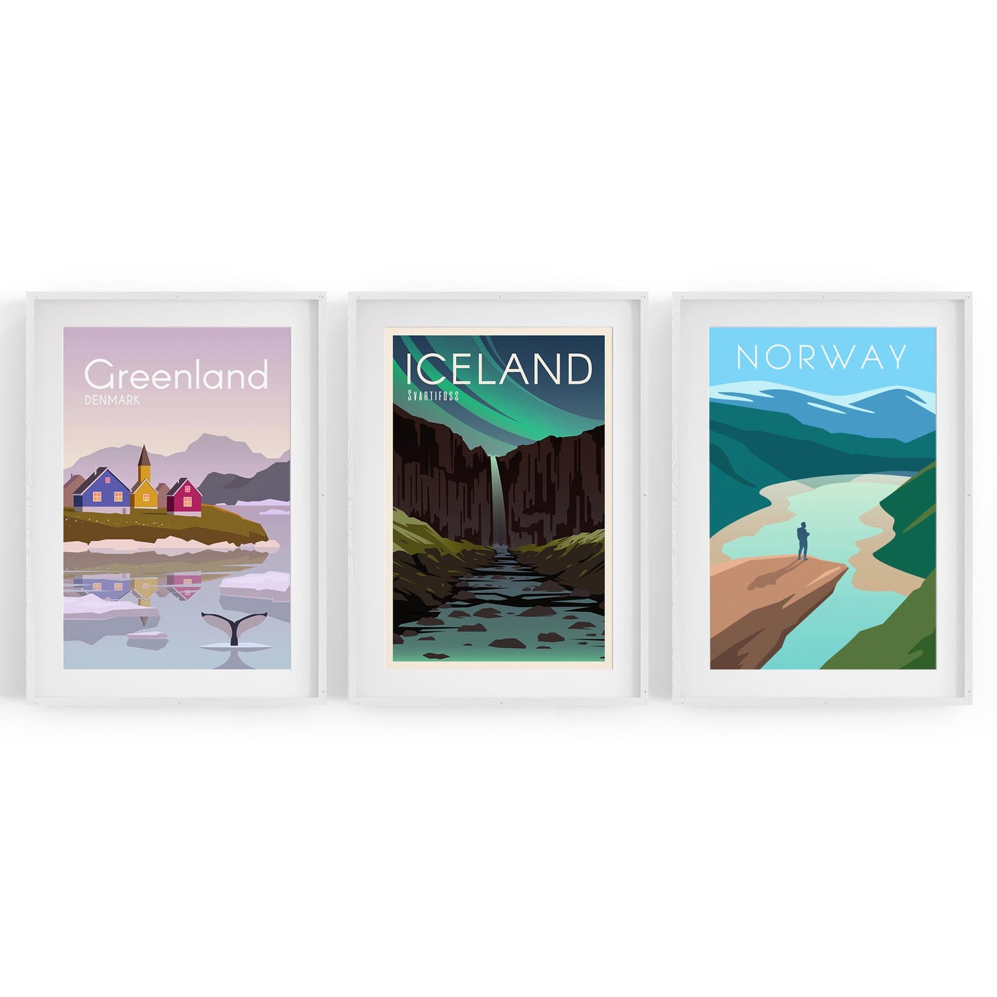 Set of Retro Travel Wall Art (Norway, Iceland, Greenland) - The Affordable Art Company