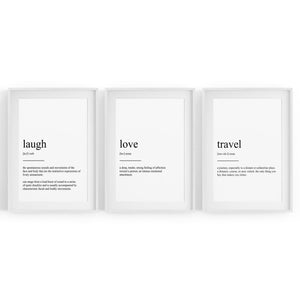 Set of Dictionary Definitions Love Laugh Travel Art - The Affordable Art Company