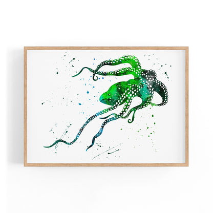 Green Cute Squid Painting Sealife Wall Art - The Affordable Art Company
