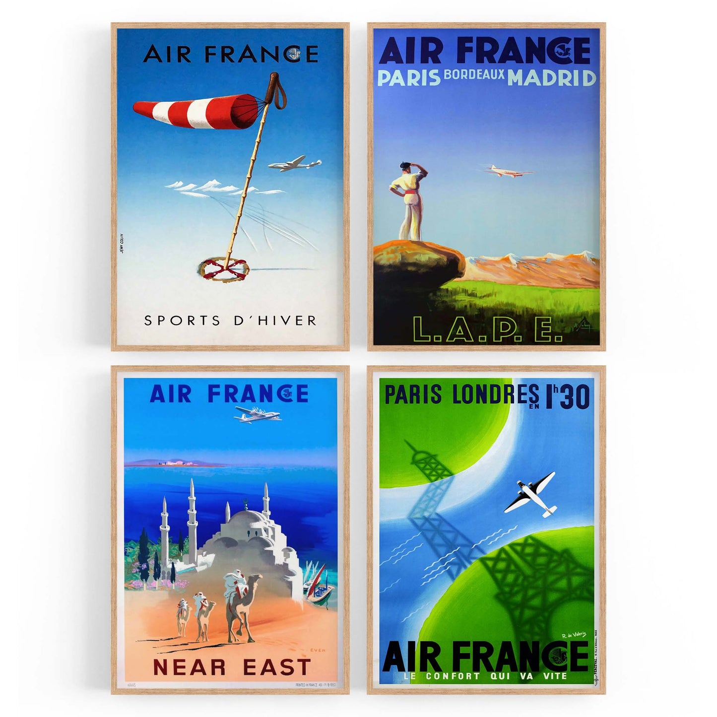 Set of 4 Vintage Air France Travel Advertisements Wall Art - The Affordable Art Company