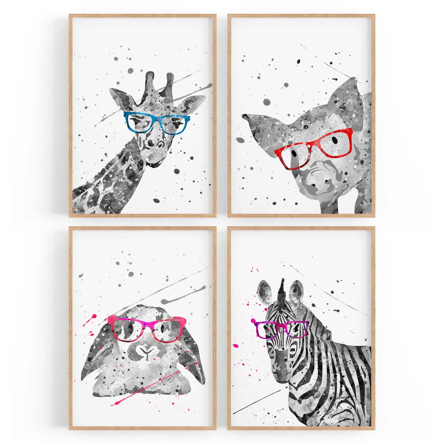 Set of 4 Cute Baby Nursery Clever Animal Paintings Wall Art - The Affordable Art Company