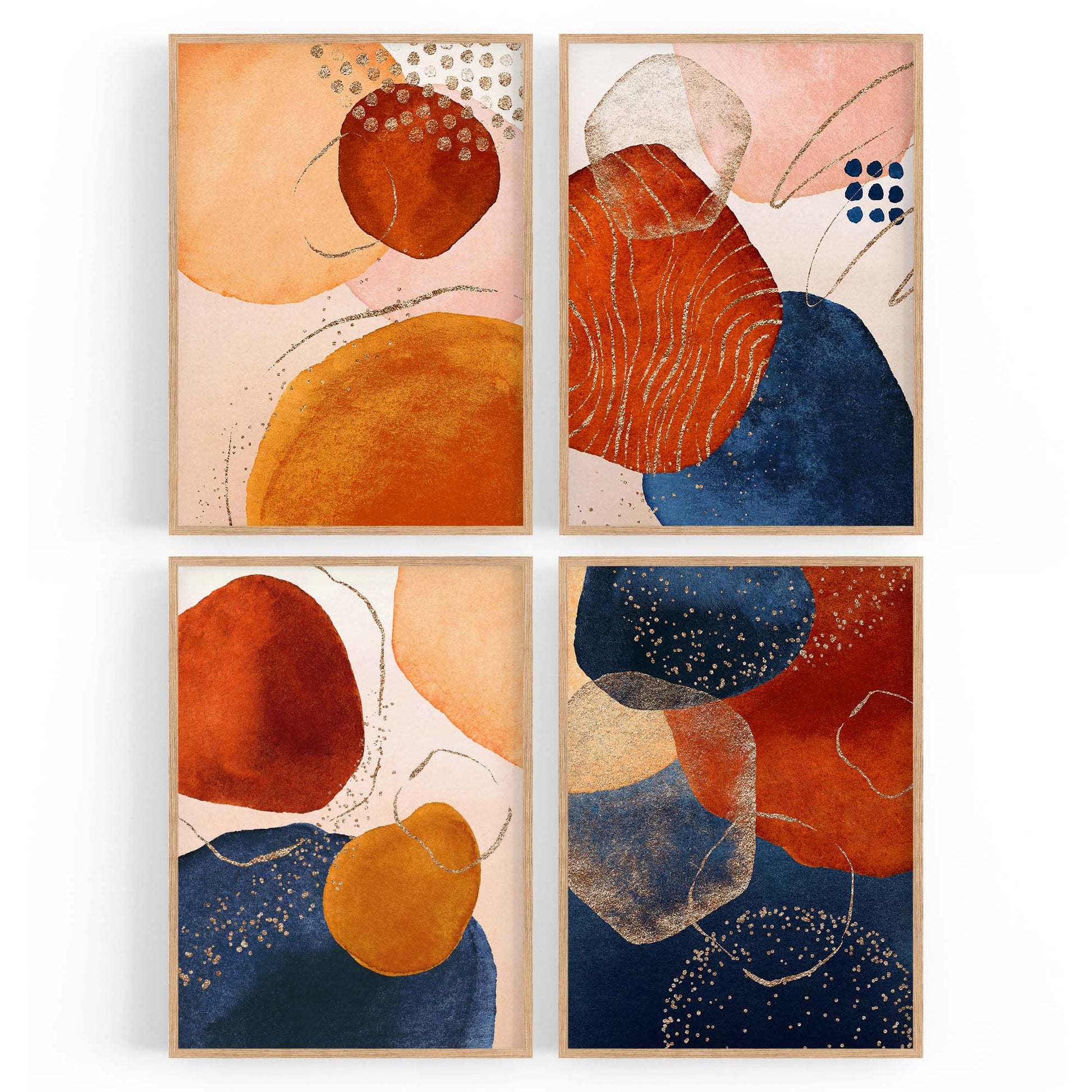 Set of 4 Abstract Blue, Peach and Orange Painting Wall Art - The Affordable Art Company