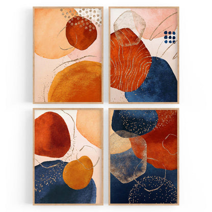 Set of 4 Abstract Blue, Peach and Orange Painting Wall Art - The Affordable Art Company