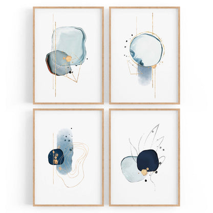 Set of 4 Abstract Blue Minimal Line and Shape Wall Art - The Affordable Art Company