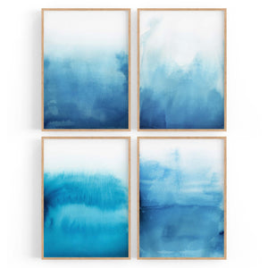 Set of 4 Abstract Blue Ink Wash Minimal Wall Art - The Affordable Art Company